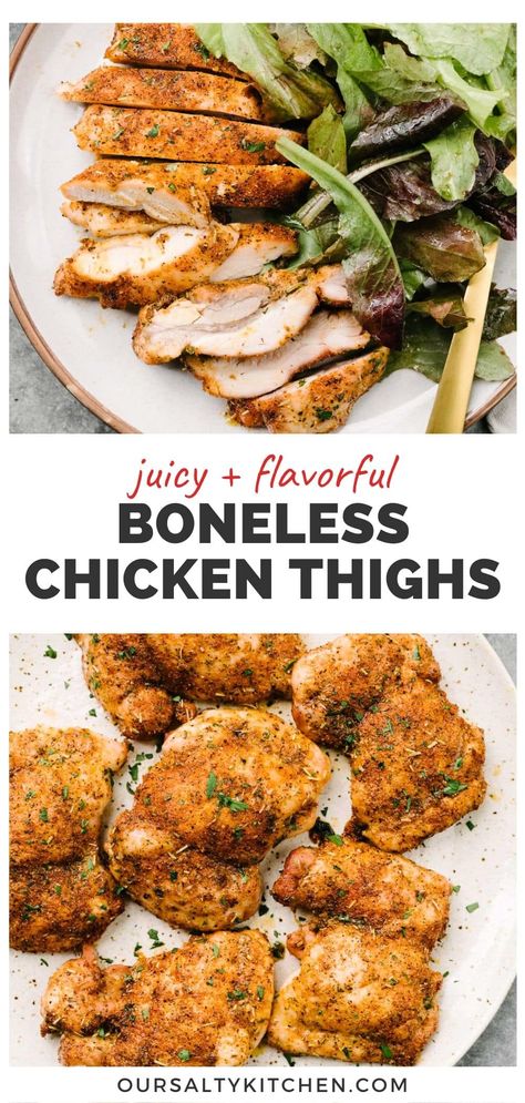 If you're new to cooking, mastering a simple but flavorful baked boneless chicken thigh should be high on your to-do list. They're a frugal and fatty cut, packed with flavor (which means they're a lot more forgiving!). Coat boneless skinless chicken thighs in a sweet and savory dry rub, then roast on a baking sheet for the crispiest and juiciest boneless chicken. These chicken thighs are ready in just 30 minutes, so check the post for quick and easy side dishes to pair them with! #chickenthighs Baked Skinless Chicken Thighs, Roasted Boneless Chicken Thighs, Quick And Easy Side Dishes, Baked Boneless Chicken, Easy Baked Chicken Thighs, Baked Boneless Chicken Thighs, Chicken Thigh Recipes Boneless Skinless, Chicken Thighs Dinner, Easy Side Dishes