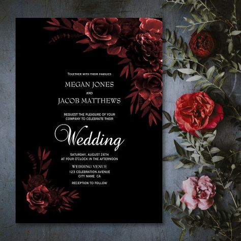 $2.85 | Elegant Black and Copper Floral Wedding | Wedding Invitations | wedding, black, copper, monochrome, floral, flowers, elegant, roses, rustic, moody Red Black Wedding Invitations, Black And Maroon Wedding Invitations, Black And Burgundy Wedding Invitations, Crimson And Black Wedding, Maroon Black Wedding, Black Maroon Wedding, Black And Burgundy Wedding Theme, Maroon And Black Wedding Theme, Wine And Black Wedding