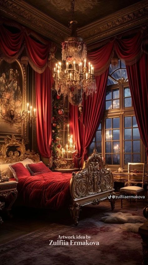 Rococo Style Bedroom, Royal Bedroom Red, Victorian Mansion Interior Bedrooms, Victorian Mansion Interior, Dark Romantic Bedroom, Rococo Baroque, Mansion Bedroom, Royal Bedroom, Fancy Bedroom