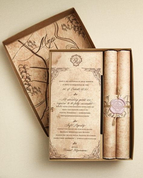 This vintage box invitation will take you do a whole new world. It was such a pleasure to take on this unique project. Wrote about this project in the website. Link in bio :) #weddingph #invitationsph #weddinginvitation #invitationsuite #boxinvitation #bespokeinvitation #calligraphyph Scroll Wedding Invitations Vintage, Old Wedding Invitations, Wedding Invitation Vintage, Unique Wedding Invitations Elegant, Vintage Invitation Card, Creative Invitation Design, Victorian Wedding Invitations, Royal Invitation, Fairytale Wedding Invitations