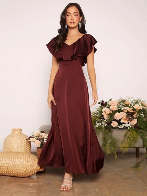 Maroon Bridesmaid, Maroon Bridesmaid Dresses, Long Sleeve Satin Dress, Latest Bridesmaid Dresses, Bridesmaid Satin, Bridesmaid Dresses Satin, Wedding Guest Gowns, Satin Bridesmaid Dress, Simple Bridesmaid Dresses