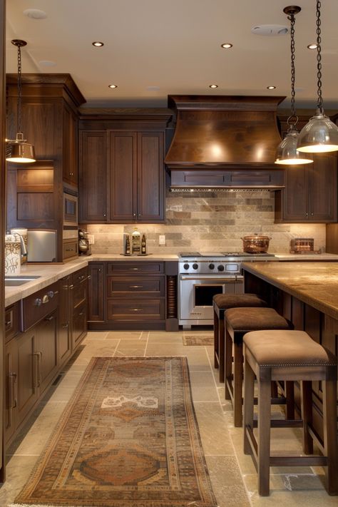 Brown Cozy Kitchen, Kitchen Design With Cherry Cabinets, Backsplash For Dark Brown Cabinets, Kitchen Backsplash Ideas With Brown Cabinets, Dark Wood Kitchen Cabinets Decor, Kitchen Ideas Dark Wood Cabinets, Brown Kitchen Cabinets White Countertops, Kitchen Backsplash Brown Cabinets, Brown Kitchen Aesthetic