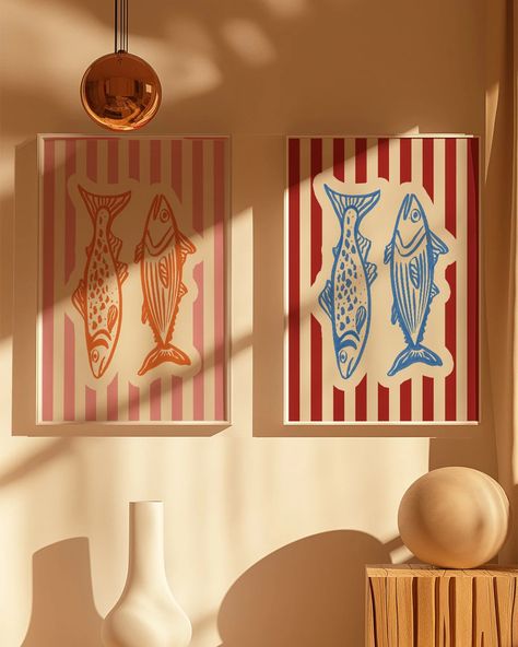 Retro Fish Wall Art Print (Lobster Print, Vintage Food Print, Retro Kitchen Poster, Tinned Fish, Sardines Poster, Sea Life Illustration made by SleepyDiscoDesigns ___ An illustrated art print, created by Mollie from Sleepy Disco Designs. Designed, printed and packaged by hand from Mollie’s South Yorkshire studio. Printed on archival matte 230gsm recycled paper. Fun Home Design Ideas, Fun Bedroom Art, Funky Posters Wall Art, Retro Wall Art Vintage, Sea Life Illustration, Spritz Art, Margarita Art, Cocktail Aesthetic, Tinned Fish