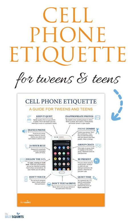 If you have a teenager or a tween with a cell phone, then now is the perfect time to sit down with them and teach a little bit about cell phone etiquette. From silencing your phone in theaters to responding to texts in a timely manner, this blog post has it all. Plus, print your own poster as a reminder in your classroom or home. Teen Cell Phone Contract, Cell Phone Etiquette, Texting Etiquette, Cell Phone Contract, Social Media Etiquette, Phone Etiquette, Screen Time Rules, Tips For Teens, Etiquette Rules