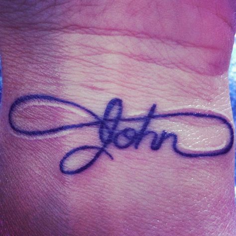 Infinity "John" Tattoo on wrist Pretty much just like that on my left wrist, After I have a baby. John Name Tattoo Design, John Tattoo Name, John Tattoo Ideas, John Mayer Tattoo, Serious Tattoos, John Name, John Tattoo, Sibling Names, Name Tattoo On Hand