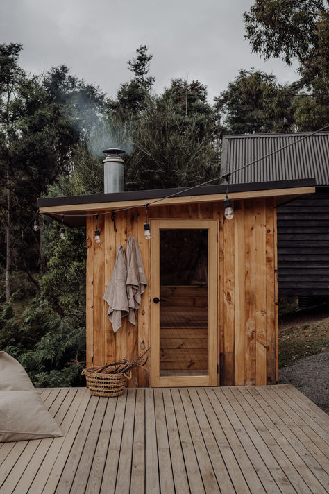 An Immersive Tiny Home + Sauna, Wild Rest Airbnb Home Sauna Aesthetic, Sauna Design Outdoor Backyard, Back Garden Sauna, Cedar And Stone Sauna, Sauna By The Lake, Sauna In The Woods, Small Sauna Ideas Outdoor, Sauna Cold Plunge Outdoor, Sauna Outside