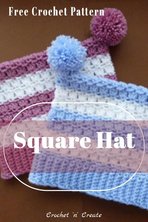 Adult square hat with pom-poms, find the free crochet pattern on crochetncreate Double Pompom Crochet Hat, Crochet Hat With Two Pom Poms, Crochet Double Pom Pom Hat Free Pattern, Crochet Square Hat Pattern Free, Crochet Beanie With Pom Pom, Granny Square Hat Pattern Free, Crochet Square Hat, Square Crochet Hat, Crochet Therapy