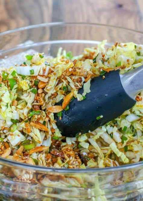 Ramen Noodle Salad is crunchy, sweet, tangy, and unforgettable! get the recipe at barefeetinthekitchen.com Crunchy Ramen Noodle Salad Easy, Crunchy Ramen Noodle Salad Recipes Asian Coleslaw, Crunchy Asian Salad Recipe, Ramen Salad Recipes Asian Slaw, Recipes Using Roman Noodles, Roman Noodle Salad Recipes, Chinese Ramen Salad, Summer Side Dishes Dessert, Ramon Noodles Salad