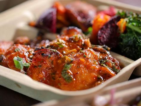 Get Whiskey Cola Chicken with Beets and Sweets Recipe from Food Network Whiskey Chicken, Sweet Potato Crisps, Cola Chicken, Farm Fresh Recipes, Chicken Dinner Recipes, Food Network, Om Nom, Chicken Dinner, Beets