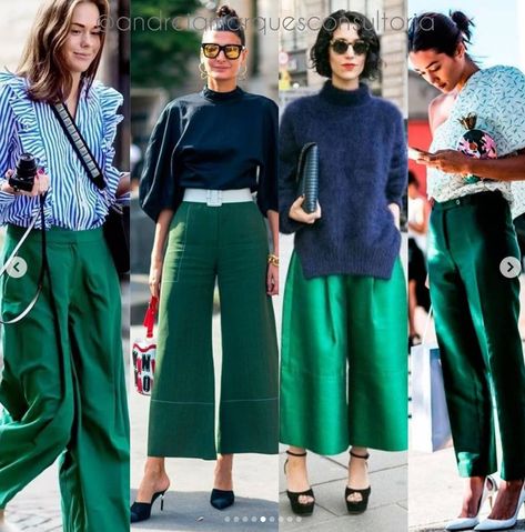 Smart Casual Green Outfit, Green Wide Leg Crop Pants Outfit, Ice Blue Top Outfit, Green Gaucho Pants Outfit, Green Pants Navy Top Outfit, Green Cullotes Outfit Casual, Forest Green Trousers Outfit, Bright Green Wide Leg Pants Outfit, Emerald Green Pants Outfit Color Combos