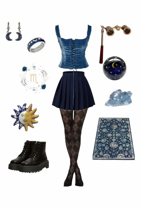 Storm Themed Outfits, Celestialcore Fashion, Blue Goth Aesthetic Outfits, Celestial Aesthetic Outfit, Blue Whimsigoth Outfit, Cosmiccore Outfits, Cosmic Core Outfits, Celestial Outfit Aesthetic, Spacecore Aesthetic Outfit