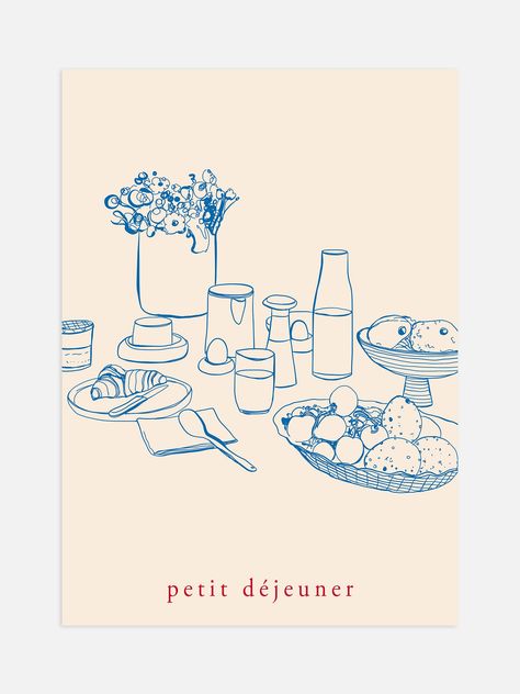 A hand drawn illustration of a kitchen table with food and drink titled 'petit dejeuner' Perfect for a minimalist style kitchen. Minimalist Food Illustration, Food Menu Illustration Design, Hand Drawn Food Illustration, Minimalist Food Poster, Table Food Illustration, Food Table Illustration, Kitchen Table Illustration, Tapas Illustration, Food Poster Illustration