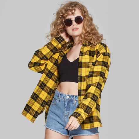 Womens Flannel Outfit, Yellow Flannel Outfit, Flannel Aesthetic, Checked Shirt Outfit, Yellow Flannel Shirt, Yellow Plaid Shirt, Yellow Flannel, Flannel Outfits, Oversized Flannel