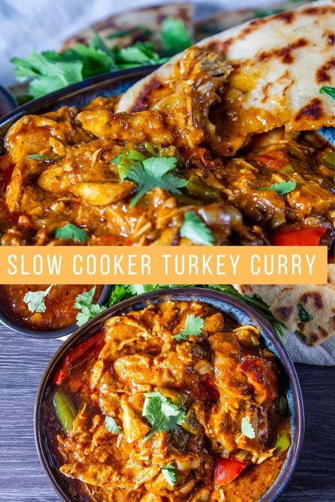 Slow Cooker Turkey Curry - Slow Cooker Turkey Curry has a delicious sweetly spiced sauce. It's the perfect way to use up leftover turkey from Christmas or Thanksgiving! Family Slow Cooker Recipes, Curry Turkey Recipes, Slow Cooker Turkey Recipes, Slow Cooker Leftover Turkey Recipes, Slow Cooker Christmas Dinner, Turkey Slow Cooker Recipes, Turkey Curry Recipes, Crockpot Indian Recipes, Turkey Slow Cooker