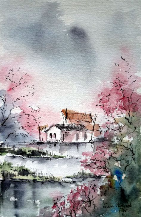 Cherry Blossom Drawing, Canvas Painting For Beginners, Simple Landscape, Cherry Blossom Watercolor, Cherry Blossom Painting, Japanese Watercolor, Canvas For Beginners, Painting For Beginners, Chinese Landscape