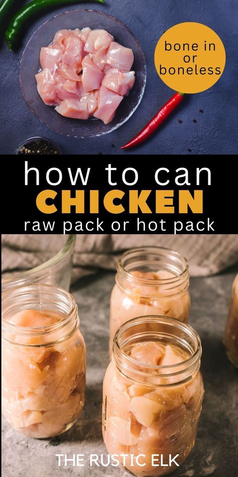 Whether you want to can boneless chicken or even bone in chicken you can hot pack or raw pack it into jars and can it for long term storage! This simple tutorial from the rustic elk will make canning chicken a breeze with step by step instructions for how to can chicken safely in a pressure canner! Pressure Canning Whole Chicken, Canning Cooked Chicken, How To Can Chicken, Canning Chicken Breast, Canned Meals In A Jar, Canning Chicken Soup, Canning Beef, Canning Soup Recipes, Canning Chicken