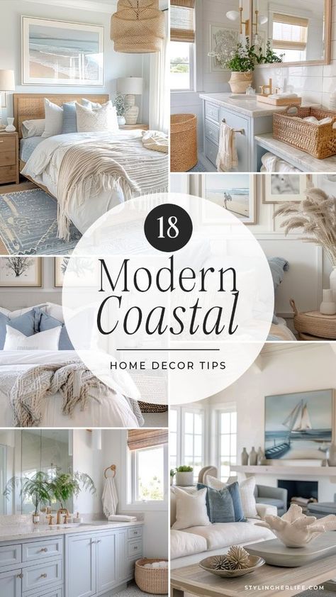 Elevate your living room with modern coastal home decor ideas! Learn how to combine light colors, natural materials, and minimalist designs to create a serene, beach-inspired space. Use neutral tones and organic textures to bring the tranquility of the coast into your home. Perfect for adding fresh, coastal charm and modern style to any living room. Modern Beach House Decor Coastal Style, Blue Coastal Living Room, Coastal Casual Decor, Elegant Coastal Living Room, Neutral Coastal Living Room, Beach Inspired Living Room, Hamptons Style Living Room, Modern Coastal Living Room, Beach Home Ideas