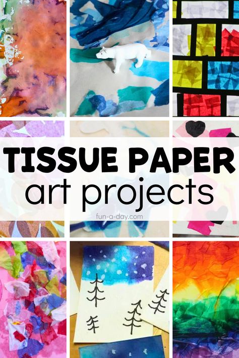 Experiment with various ways to use tissue paper with this list of tissue paper art projects for preschool, pre-k, and kindergarten kids. There are ideas on this list to fit a variety of themes. Click on the Fun-A-Day.com link for more information. Kindergarten Tissue Paper Art, Crafts Using Tissue Paper, Tissue Paper Collage Art Ideas, Tissue Paper Cards, Tissue Paper Modge Podge Projects, Foil Art Projects For Kids, Wet Tissue Paper Art, Paper Tearing Art For Kids, Tissue Paper Art Projects