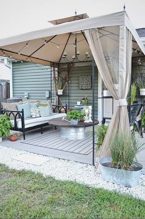 33 Covered Porch Ideas We Love for Style All Year Round Small Back Porch Ideas Covered Patios, Backyard Tent Ideas, Temporary Patio, Covered Porch Ideas, Small Back Porches, Backyard Tent, Porch Furniture, Outdoor Entertaining Spaces, Small Porches