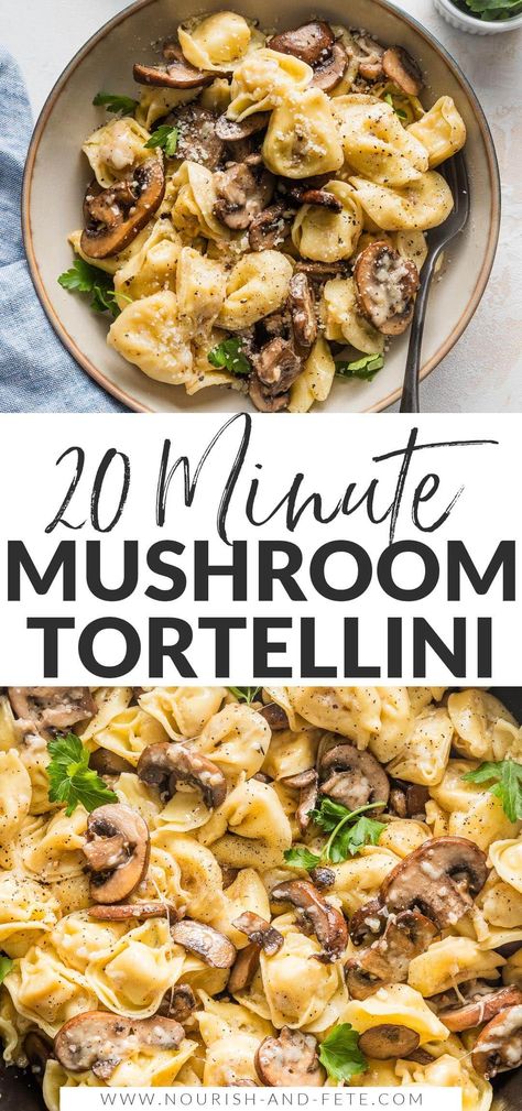 With this simple and delicious recipe for fresh Tortellini with Mushrooms, Butter, and Parmesan cheese, a satisfying dinner can be on the table in just 20 minutes. Dairy Free Tortellini Recipes, Cheese Spinach Tortellini Recipes, Mushroom Tortellini Recipes Healthy, Veggie Filled Dinner Recipes, Creamy Spinach Mushroom Tortellini, Tortellini Spinach Mushroom Recipes, Veggie Tortellini Recipes, Dinner Recipes Using Mushrooms, Tortellini Recipes Mushroom