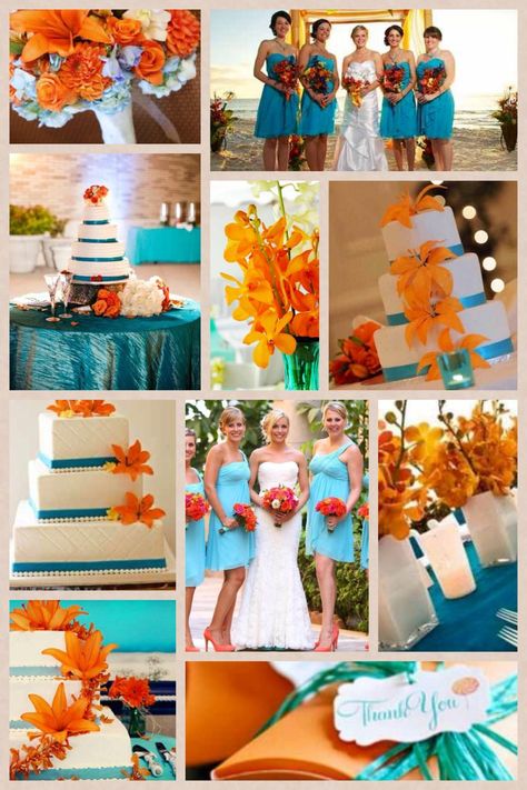 Turquoise and orange themed wedding collage Wedding Colors Orange, Teal Orange Weddings, Turquoise Wedding Decorations, Orange Wedding Decorations, Spring Wedding Outfit, Teal Wedding Colors, Orange Wedding Themes, Fall Wedding Color Schemes, Beach Wedding Decorations Reception