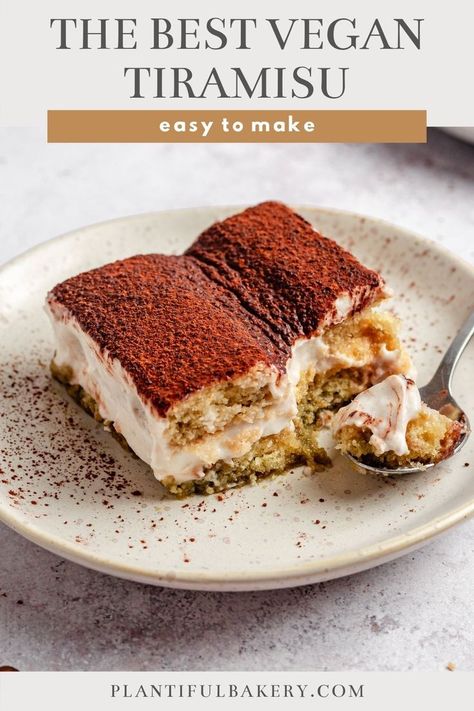 This Vegan Tiramisu is rich, decadent, and flavorful. It is layered with homemade cake fingers soaked with boozy espresso, creamy filling, and topped with a dusting of cocoa powder. Easy to make. Dairy-free and egg-free. #easyvegantiramisurecipe #bestvegantiramisu #vegantiramisurecipenotofu #vegancoffeedessertrecipes #simplevegandessertrecipes #homemadeladyfingers #veganladyfingers Vegan Tiramisu, Vegan Baking Recipes, Brownie Cupcakes, Vegan Sour Cream, Vegan Bakery, Desserts Vegan, Tiramisu Recipe, Homemade Cake, Vegan Dessert Recipes