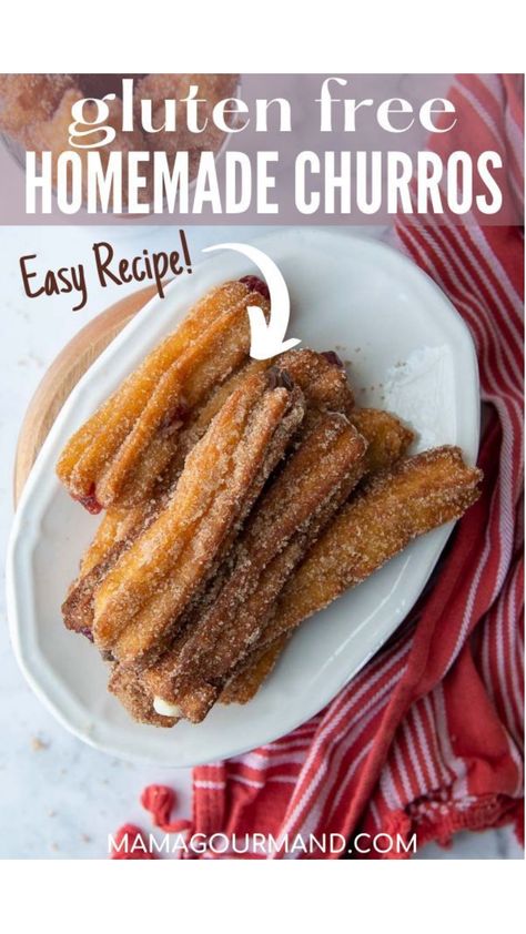 Gluten Free Churros are easy to make with this simple step-by-step recipe. Soft, airy cinnamon sugar sticks are filled with chocolate, jelly, or cream! Or save yourself a step and serve homemade… More Gf Churros Recipe, Gluten Free Cruffins, Stuffed Churros Recipe, Gluten Free Churros Recipe, Stuffed Churros, Paleo Donuts, Gluten Free Churros, Gluten Free Donut Recipe, Easy Churros Recipe