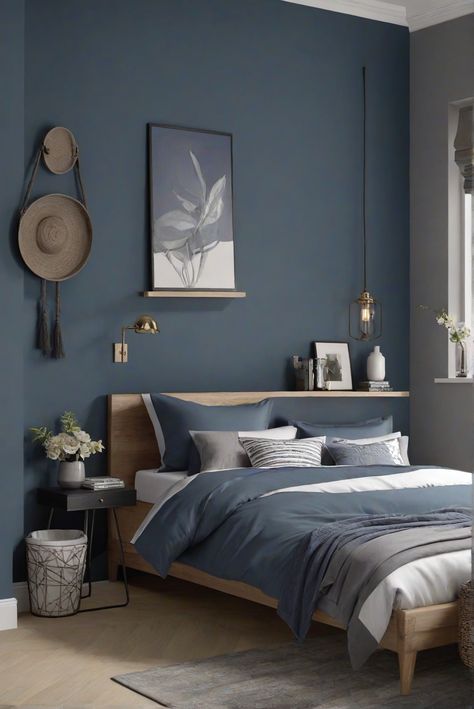 bedroom decor, home paint colors, kitchen designs, interior bedroom design Charcoal Blue Bedroom Ideas, Paint Colors For Room Bedrooms, Blue Palette Bedroom, Bedroom Interior Ideas Creative, Blue Grey Room Bedrooms, Blue Grey Color Palette Bedroom, Color For Rooms Bedrooms, Grey Blue Accent Wall Bedroom, Bedroom Paint Ideas For Men