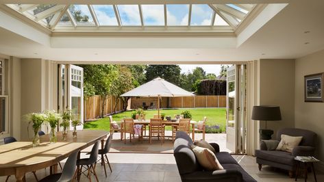 A Sleek Orangery for a Victorian Family Home in Surrey - Westbury Garden Rooms Victorian Family Home, Orangery Extension, Bungalow Extensions, Westbury Gardens, Timber Roof, Bungalow Renovation, Roof Lantern, London Road, House Extension Design