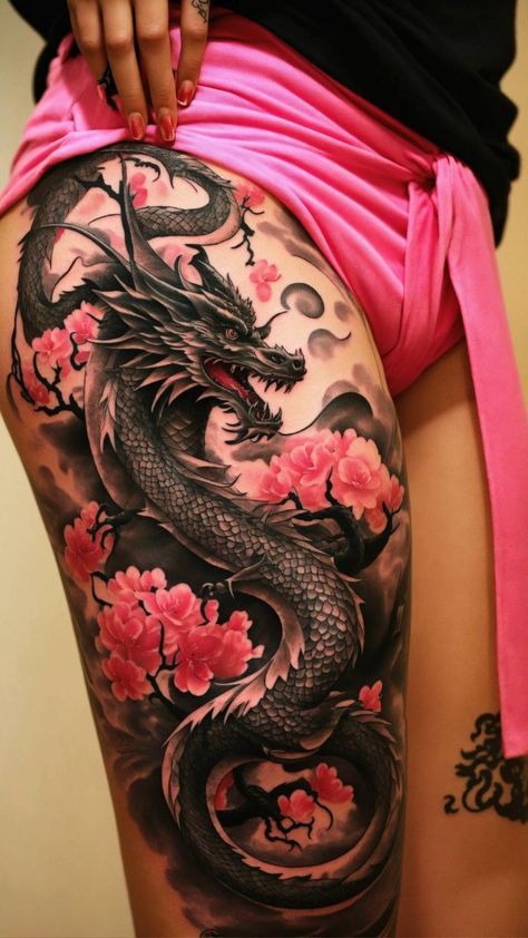 Dragon Thigh Tattoo, Arm Tattoo Ideas, Arm Sleeve Tattoos For Women, Full Leg Tattoos, Dragon Tattoo For Women, Full Body Tattoo, Leg Tattoos Women, Tatuaje A Color, Pretty Tattoos For Women