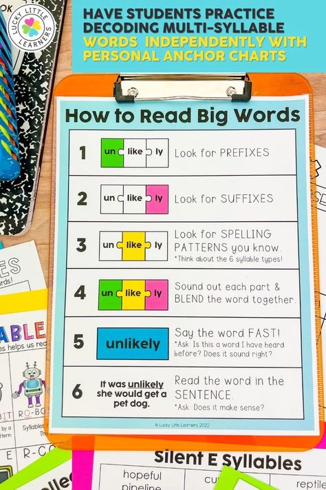 Decoding Multisyllabic Words Activities, Teaching Decoding Multisyllabic Words, Teaching Multisyllabic Words, 2nd Grade Decoding Activities, Teaching Reading To Kindergarteners, Decoding Multisyllabic Words 3rd Grade, Gre Words List, Multisyllabic Word Activities 3rd Grade, Multisyllabic Words Anchor Chart