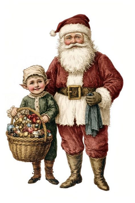 Vintage Christmas Elves, Basket Illustration, Illustration Christmas, Christmas Elves, An Elf, Vintage Santa, Christmas Images, Download Free Images, Vintage Santas