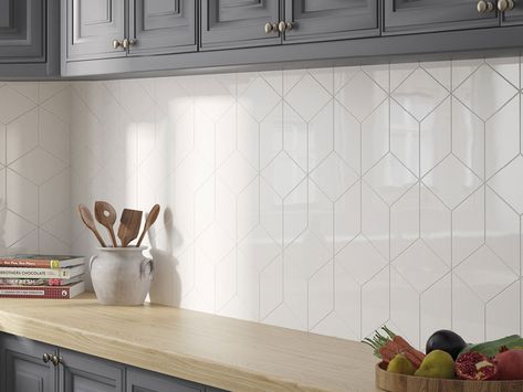 Rhombus Tile, Matte Kitchen, Splashback Ideas, Tiles Uk, Kitchen 2021, White Wall Tiles, Kitchen Splashback, Geometric Tiles, Kitchen Wall Tiles