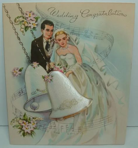 Padded Satin Wedding Bell, Bride & Groom - 1950's Vintage Wedding Greeting Card Wedding Bells Clip Art, Wishing Well Wedding, American Greetings Cards, Vintage Wedding Cards, 1950s Wedding, Wedding Greetings, Wedding Congratulations, Wedding Greeting Cards, Wedding Anniversary Cards