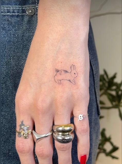 Bunny Jumping Tattoo, 1.5 Inch Tattoo Ideas, Rabbit Fine Line Tattoo, Bunny Hand Tattoo, Jumping Bunny Tattoo, Small Rabbit Tattoo, Tiny Bunny Tattoo, Little Bunny Tattoo, Cute Bunny Tattoo