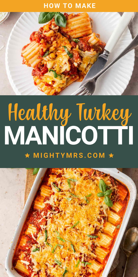 Learn how to make healthy turkey manicotti, made with ground turkey and 6 different kinds of cheeses. The blend of cheeses give this stuffed manicotti a unique melt-in-your mouth quality when everything bakes and melt together. Each bit it like a little cloud! Great for family dinners or even the holidays. Balsamic Chicken Pasta, Turkey Sausage Recipes, Stuffed Manicotti, Manicotti Recipe, Quick Pasta Recipes, Healthy Turkey, Protein Meals, Dinner Recipes Easy Quick, Awesome Recipes