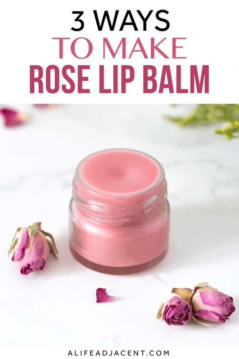 Wondering how to make rose lip balm at home? In this easy lip balm making tutorial, you will learn how to make DIY rose lip balm with rose petals, rose essential oil, or fragrant organic Bulgarian rose wax! Discover 3 ways to make your own lip balm with roses for soft, smooth, pink tinted lips. And yes, it will make your lips smell like roses! This homemade recipe is like luxury rosebud salve, but with natural non toxic ingredients like shea butter, coconut oil, and beeswax. ALifeAdjacent.com How To Make Organic Lip Balm, Bees Wax Lip Balm Recipes, Homemade Rose Lip Balm, How To Make Rose Lip Balm, Rose Petals Lip Balm, Lip Salve Recipe, Diy Rose Lip Balm, Rose Lip Balm Recipe, How To Make Lip Balm At Home Easy