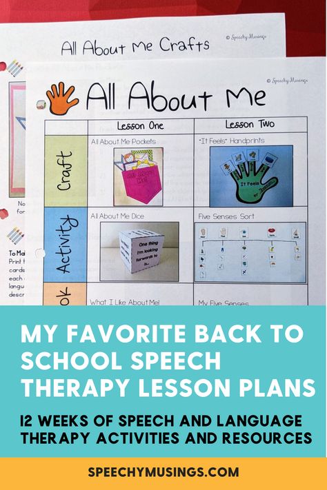 All About Me Speech Therapy Activities, First Day Of Speech Therapy Activities, Back To School Speech Therapy Activities, Back To School Speech Therapy, Fall Speech Therapy, Themed Speech Therapy, Speech Lessons, Speech Crafts, Fall Lesson Plans