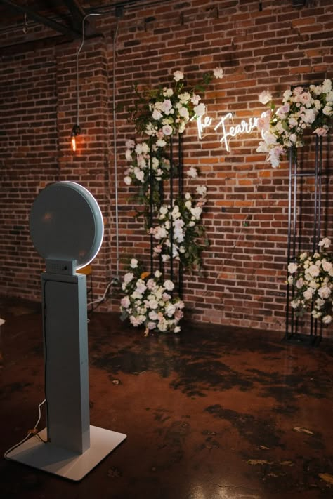 White Brick Wedding Backdrop, Brick Building Wedding Reception, Wedding Reception Brick Walls, Classic Industrial Wedding, Chic Industrial Wedding, Industrial Modern Wedding Decor, Brick Wedding Venue Decor Industrial Chic, The Guild Kc, Brick Wall Wedding Decor