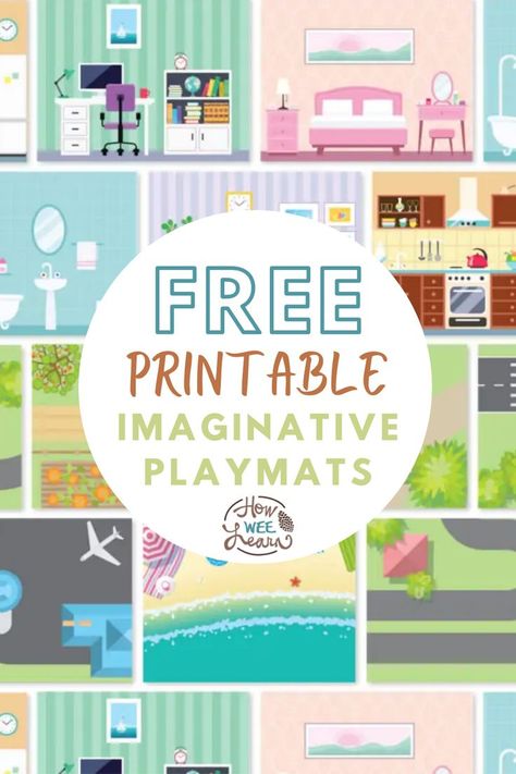 An image of a playmat with the text "Free Printable Imaginative Playmats". Printable Play Mats Free, Free Flisat Printable, Free Dramatic Play Printables, Toys Activities For Kids, Printable Play Mat, Travel Play Mat, Pretend Play Printables, Free Time Activities, Printable Toys