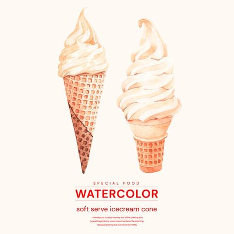 Soft Serve Drawing, Soft Serve Ice Cream Drawing, Soft Serve Ice Cream Tattoo, Soft Serve Illustration, Soft Serve Ice Cream Illustration, Ice Cream Watercolor Painting, Watercolor Ice Cream Cone, Ice Watercolor, Ice Cream Cone Illustration