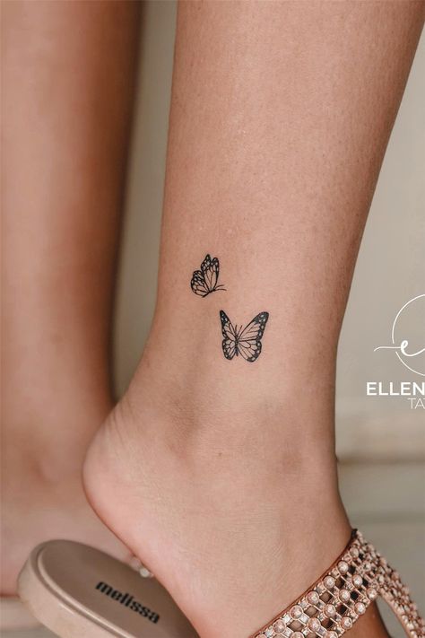 55 Meaningful Fine Line Tattoos for Minimalist Women Butterfly Tattoos Fine Line, Small Fine Line Butterfly Tattoo, Fine Line Tattoos Butterflies, Fine Line Tattoos For Women Butterfly, Tiny Minimalist Butterfly Tattoo, Small Ankle Tattoos For Women, Inside Ankle Tattoos, Girly Hand Tattoos, Butterfly Ankle Tattoos