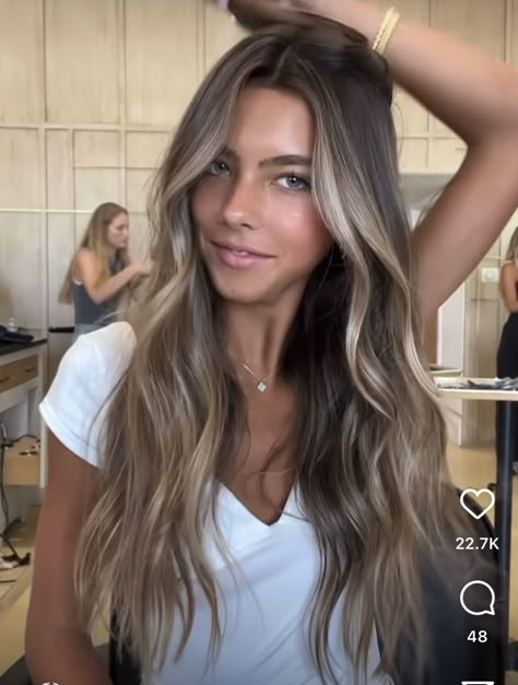 Blended Grown Out Highlights, Brown Hair With Hints Of Blonde, Dark Brown Hair With Summer Highlights, Light Brunnete Blonde Highlight, Beach Blonde Brunette, Side Part Balayage Brunettes, Brunette Hair With Beige Highlights, Low Maintenance Blonde On Dark Hair, Greyish Blonde Highlights