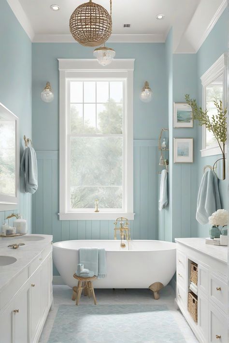 Step into a tranquil coastal bathroom oasis with soothing Misty Blues and Grays. Explore how Rain (SW 6219) adds a serene touch to your daily interior designer routine. #Ad #homedecor #homedesign #bathroom #Painthome interiorarchitecture best Wall Colors for Bathroom Colors Bright Room Colors best colors combinations bathroom bathroom Remodeling Modern Paint Colors 2024 Pale Teal Bathroom, Blue Bathroom Palette, Pale Blue And White Bathroom, Bathroom With Light Blue Walls, Rain Sherwin Williams Bathroom, Sw Tradewind Bathroom, Sw Coastal Paint Colors, Baby Blue Bathroom Ideas, Boho Bathroom Blue