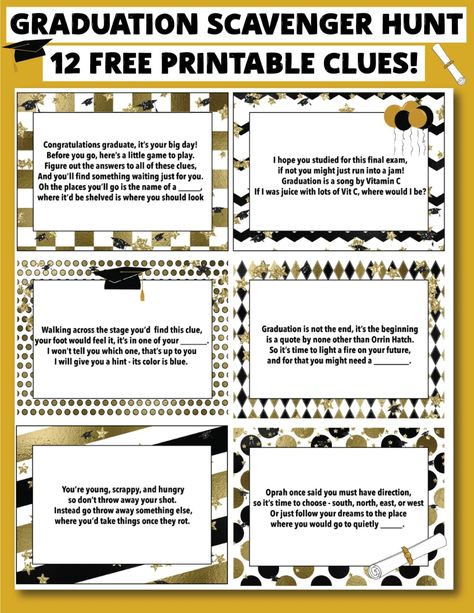 This fun free printable graduation scavenger hunt is a great way to gift your graduate with something fun! They'll love the fun adventure and of course the surprise at the end! High School Scavenger Hunt, High School Scavenger Hunt Ideas, Graduation Scavenger Hunt, Easy Graduation Party Decorations, School Scavenger Hunt, Graduation Games, Graduation Party Games, Graduation Printables, Scavenger Hunt Birthday