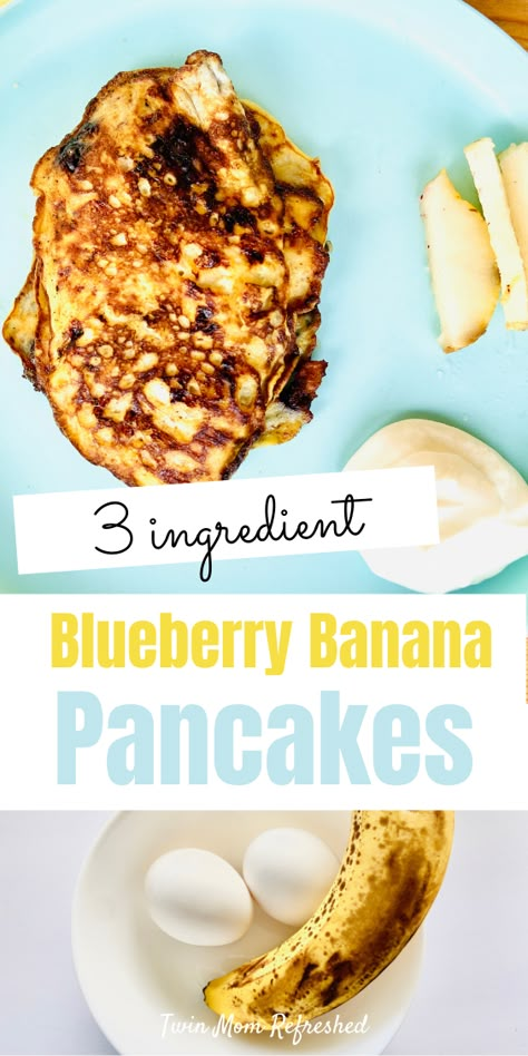 3 Ingredient Banana Pancakes - Twin Mom Refreshed Banana Blueberry Pancakes Baby, Pancakes For One Year Old, Gluten Free Dairy Free Toddler Meals, Pancakes For Babies Recipes, Healthy Pancakes For Baby, Blw Blueberry Pancakes, Baby Pancakes Recipe Banana, Baby Blueberry Pancakes, Healthy Baby Pancakes