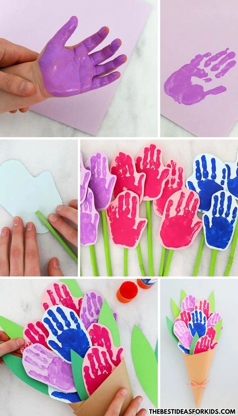 Create your own handprint flower bouquet! Handprint Flower Bouquet, Mother Craft, Handprint Flower Craft, Origami Leaf, Handprint Flower, Mothers Day Crafts Preschool, Spring Arts And Crafts, May Crafts, Easy Mother's Day Crafts