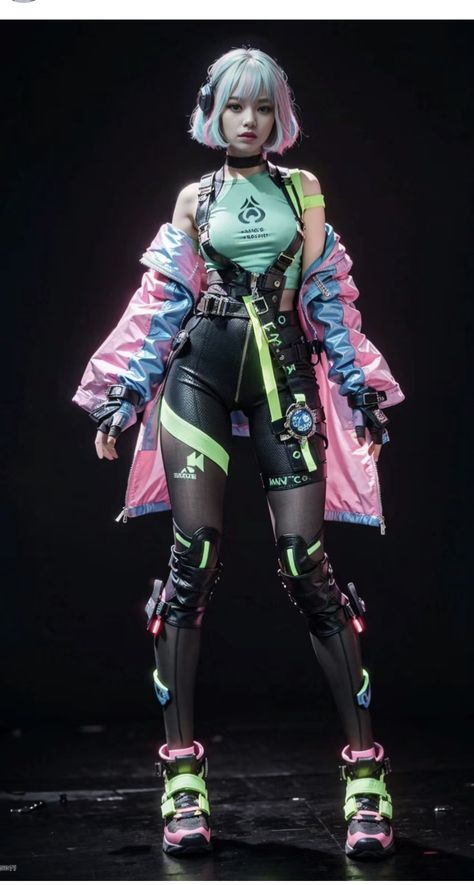 Video Game Aesthetic Outfit, Cyberpunk 2077 Outfit Women, Cyberpunk Musician, Cyberpunk 2077 Tattoo, Cyberpunk Outfit Women, Complex Outfits, Scifi Outfit, Cyberpunk Outfit, Neon Cyberpunk