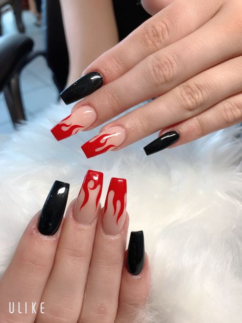 Nails Coffin Red And Black, Coffin Acrylic Nails Black And Red, Black Alt Nails Acrylic, Black And Red Fire Nails, Red Black And Blue Nails, Red And Black Acrylic Nails Coffin, Acrylic Nail Designs Red And Black, Red And Black Acrylic Nails Designs Short, Nail Fire Art Red