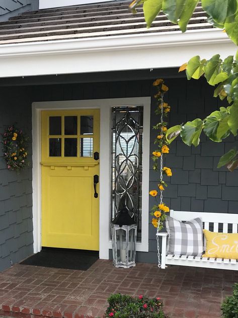 Yellow Front Door, Split Door, Yellow Front Doors, Garage Door Types, Front Door Paint Colors, Gray House, Garage Door Makeover, Cottage Door, Garage Door Design